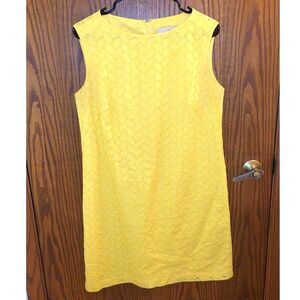 LOFT Bright Yellow Eyelet Shift Dress Size 10 Cotton Sun Dress Summer